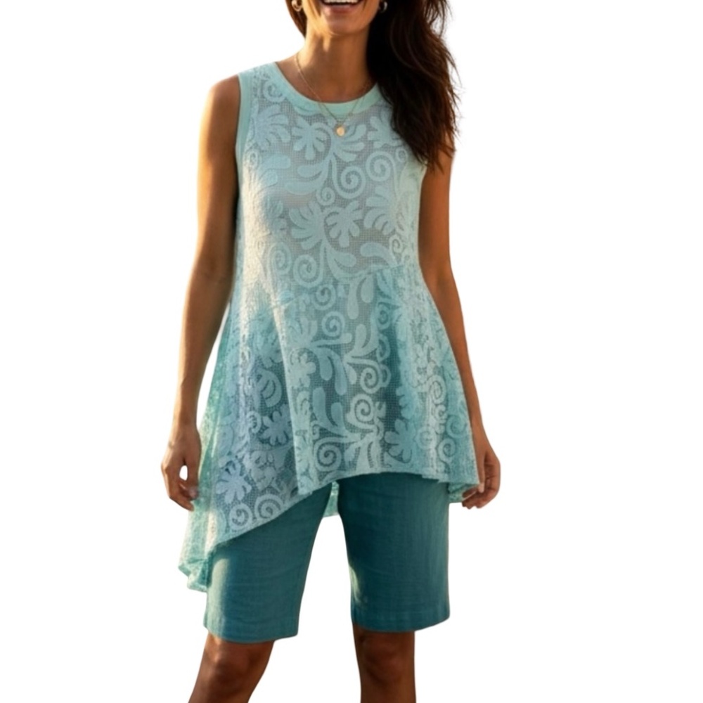 # A115  FT INC Green Boho Glam Lace Peplum  VintageTop  Asymmetrical  NWT L